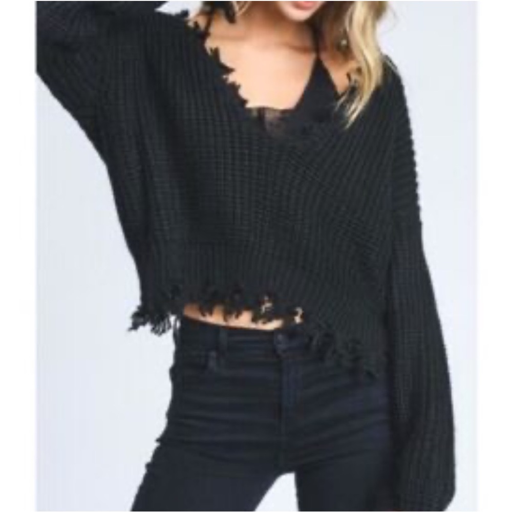Black Distressed Hem Cropped Sweater